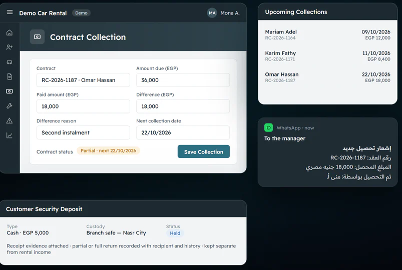 Contract collection with instalments, upcoming collections and a security deposit
