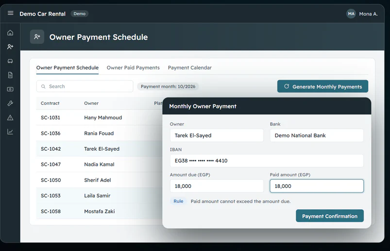 Owner payment schedule with monthly dues and a payment confirmation